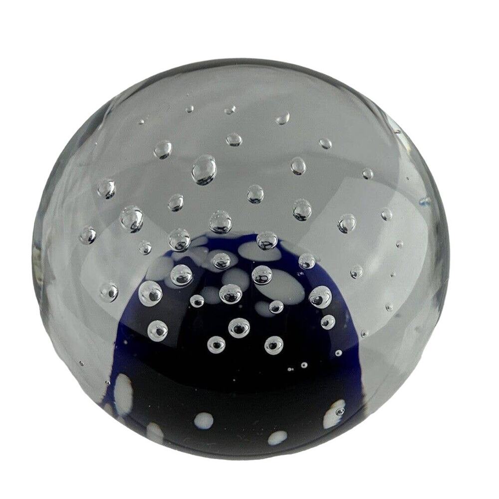 Vintage Handblown Control Bubble Glass Paperweight Clear Cobalt